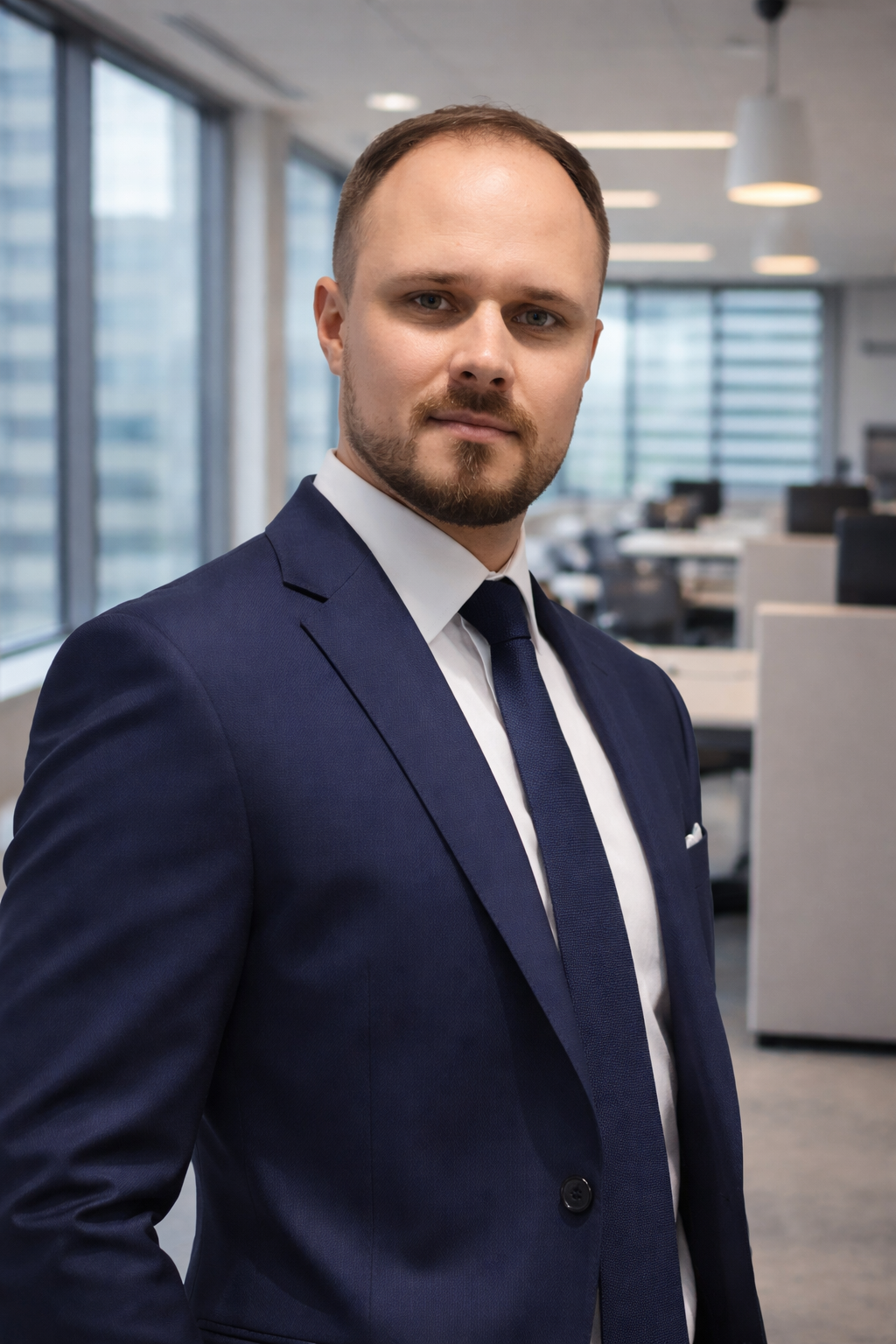 Kamil Werner, doradca akcji Zdrowy Biznes w salonie Auto Spektrum w Rzeszowie, w niebieskim garniturze.